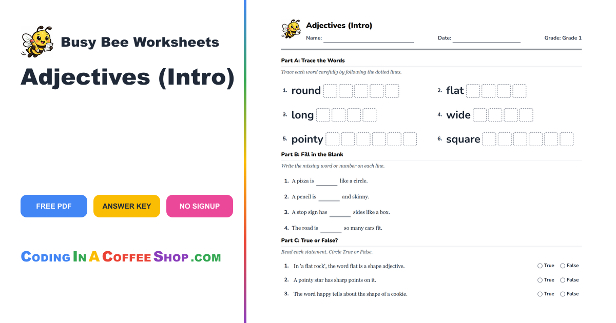 Grade 1 Shape Adjectives Worksheet — Round, Flat, Long