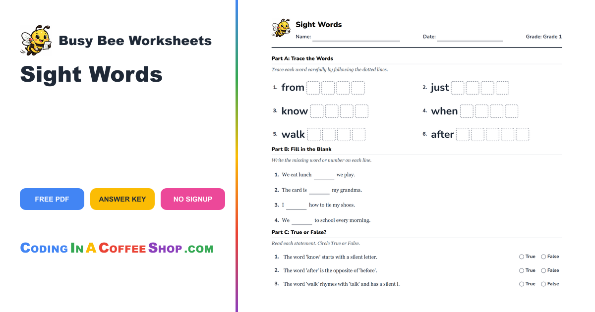 Grade 1 Sight Words Easy 2 Worksheet Free PDF