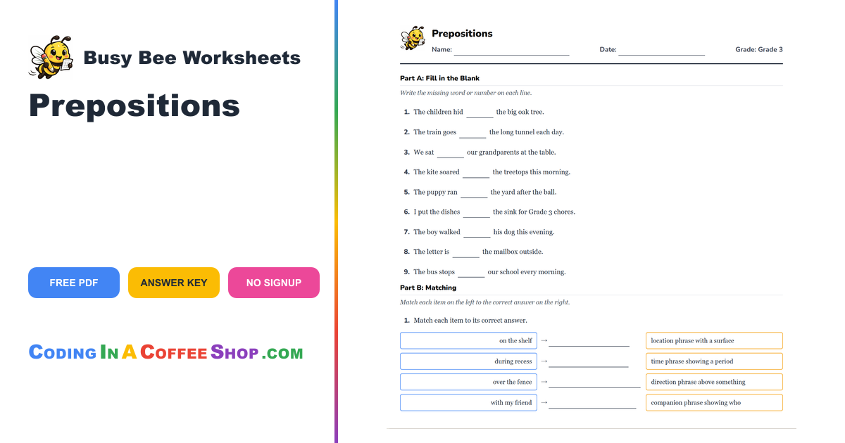 Identifying Prepositional Phrases Grade 3 Worksheet