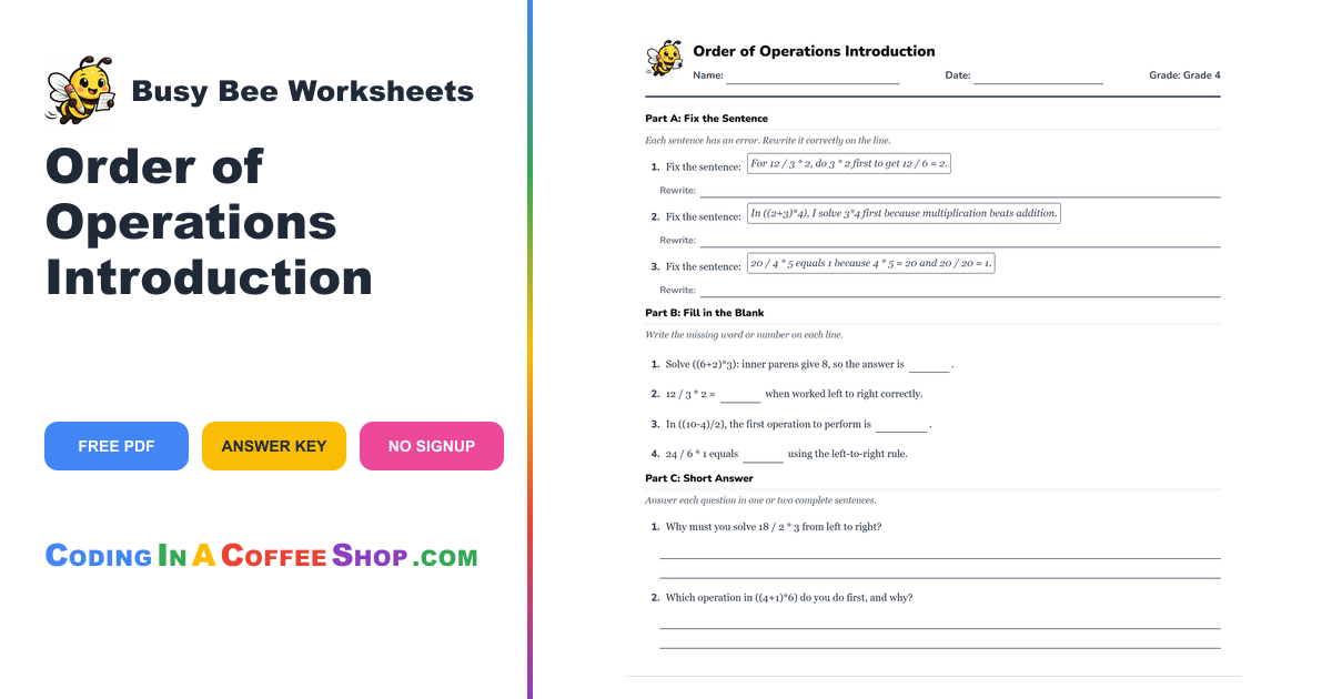 Order of Operations Nested Parens Grade 4 Worksheet